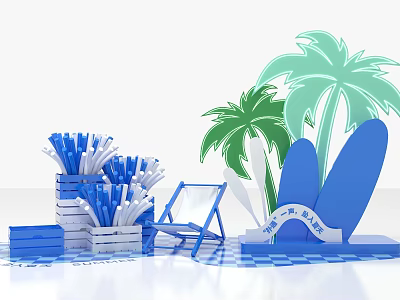 Summer Check in Photo Spot with Palm Trees Surfboards Deck Chair and Blue Decorations 3d model