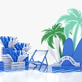 Summer Check in Photo Spot with Palm Trees Surfboards Deck Chair and Blue Decorations