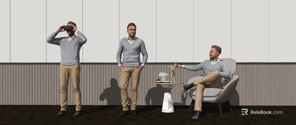 Men in Modern Interior Space Using VR Standing Sitting and Pointing at Decorative Items 3d model 