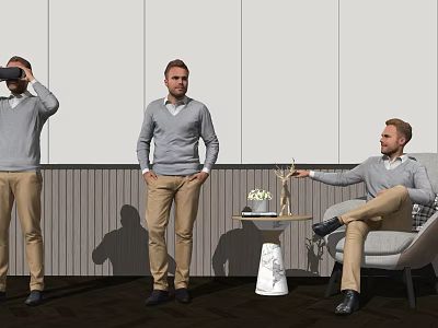 Men in Modern Interior Space Using VR Standing Sitting and Pointing at Decorative Items 3d model