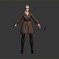 Woman wearing brown coat with belt and brown boots against gray background and small doll