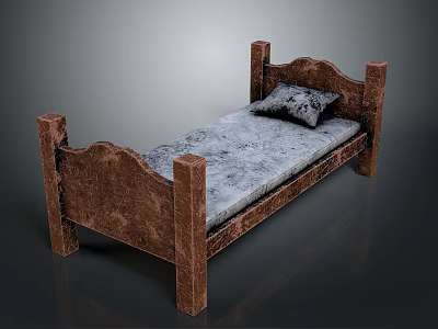 Elegant Brown Wooden Bed Frame With Carved Headboard Gray Mattress And Pillow 3d model