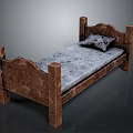 Elegant Brown Wooden Bed Frame With Carved Headboard Gray Mattress And Pillow