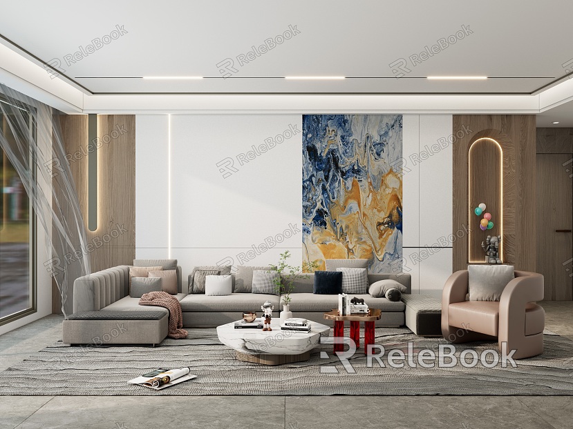 modern living room cream log rock board living room sofa wall model