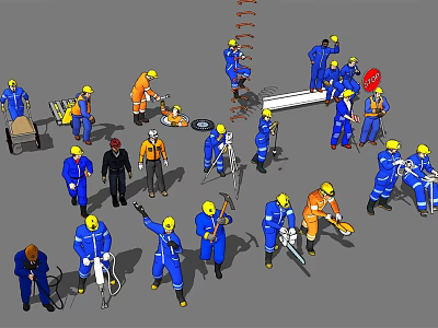 Group of Workers in Uniforms Engaged in Construction Work With Tools and Equipment 3d model