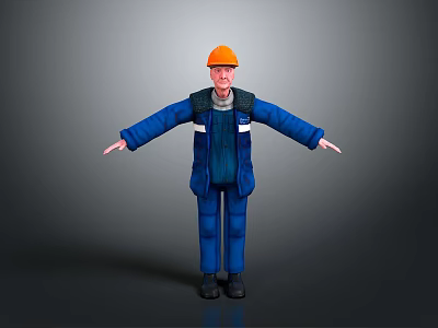 A Man in Blue Work Uniform Wearing Orange Safety Helmet with Arms Outstretched 3d model