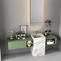 Green Bathroom Vanity With Marble Countertop Oval Mirror Wall Mounted Hair Dryer And Toiletries