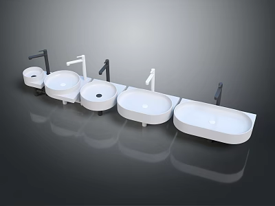 Multiple White Washbasins With Various Designed Faucets Arranged Together On 3d model