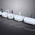 Multiple White Washbasins With Various Designed Faucets Arranged Together On 3d model