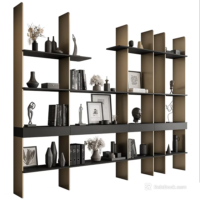 Modern Black And Gold Display Shelving Unit With Decorative Books Sculptures And Frames 3d model 