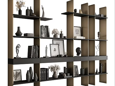 Modern Black And Gold Display Shelving Unit With Decorative Books Sculptures And Frames 3d model