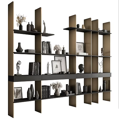 Modern Black And Gold Display Shelving Unit With Decorative Books Sculptures And Frames 3d model