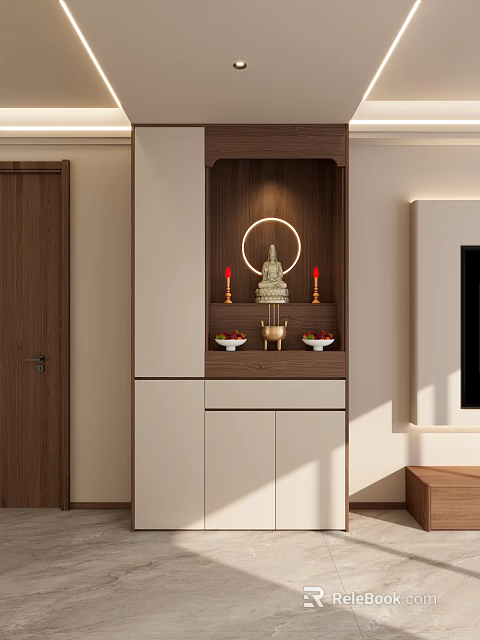 Modern Elegant Entryway Interior Design With White Wooden Cabinets Buddha Shrine Candles And Fruits 3d model 