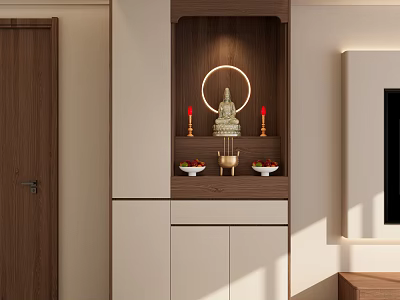 Modern Elegant Entryway Interior Design With White Wooden Cabinets Buddha Shrine Candles And Fruits 3d model