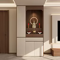 Modern Elegant Entryway Interior Design With White Wooden Cabinets Buddha Shrine Candles And Fruits