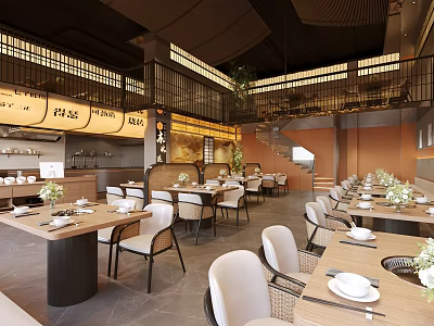 Elegant Modern Hotpot Restaurant Interior With Dining Tables And Green Plants 3d model
