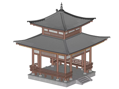 Traditional Chinese Two Story Pavilion Architectural Design With Curved Roof And Wooden Railings 3d model