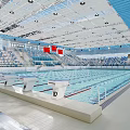 Modern Indoor Swimming Pool Interior With Spectator Stands Starting Blocks And Swimming Lanes