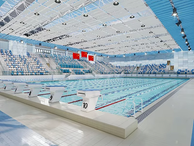 Modern Indoor Swimming Pool Interior With Spectator Stands Starting Blocks And Swimming Lanes 3d model