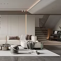 Modern Living Room Interior Design With Beige Sofa Marble Wall Art And Round Coffee Tables