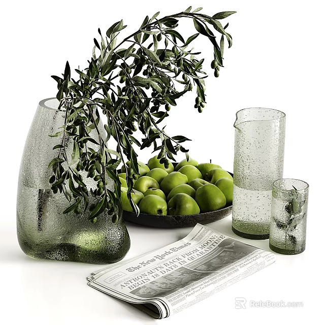 Decorative Ornament Set with Frosted Glass Vase Olive Branch Green Olives Bowl Clear Glass Cups 3d model 