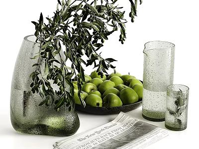 Decorative Ornament Set with Frosted Glass Vase Olive Branch Green Olives Bowl Clear Glass Cups 3d model