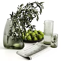 Decorative Ornament Set with Frosted Glass Vase Olive Branch Green Olives Bowl Clear Glass Cups