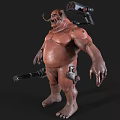 Bulky Horned Game Movie Character With Mechanical Weapon Belly Scar And Brown Skin