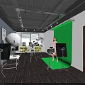 Modern Photography Studio Interior With Softboxes Tripods Green Backdrop Model And Wall 3d model