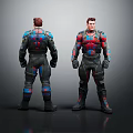 Character Action Figure Models Front Back Views With Black Blue Red Armored Suit Design