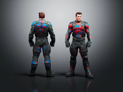 Character Action Figure Models Front Back Views With Black Blue Red Armored Suit Design 3d model