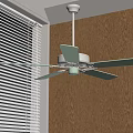 Light Green Ceiling Fan With Blades In Room Wooden Wall And Window Blinds