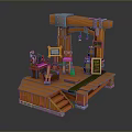 Wooden Work Desk With Tools Barrel Chalkboard Steps And Small Items On Platform 3d model