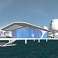 Modern Waterfront Villa Architecture With Glass Walls White Structure Over Lake And Wooden Deck Stairs