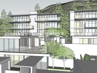 Modern Multi Story Guesthouse With Large Windows Balconies Trees And Mountain View 3d model