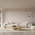 Modern Minimalist Living Room Interior With White Sofa Round Coffee Table And Floor Lamp