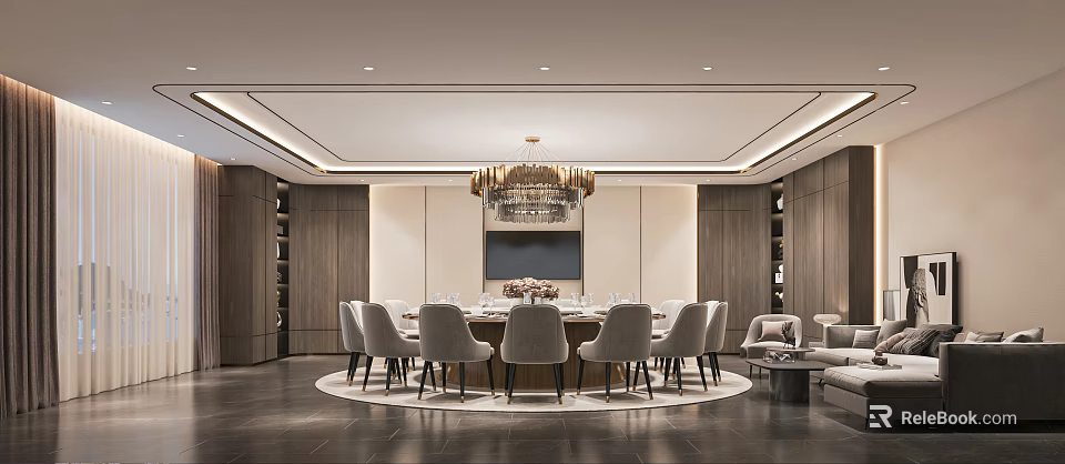 Modern Private Dining Room With Round Table Gray Chairs Chandelier And Wooden Cabinets 3d model