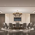 Modern Private Dining Room With Round Table Gray Chairs Chandelier And Wooden Cabinets 3d model