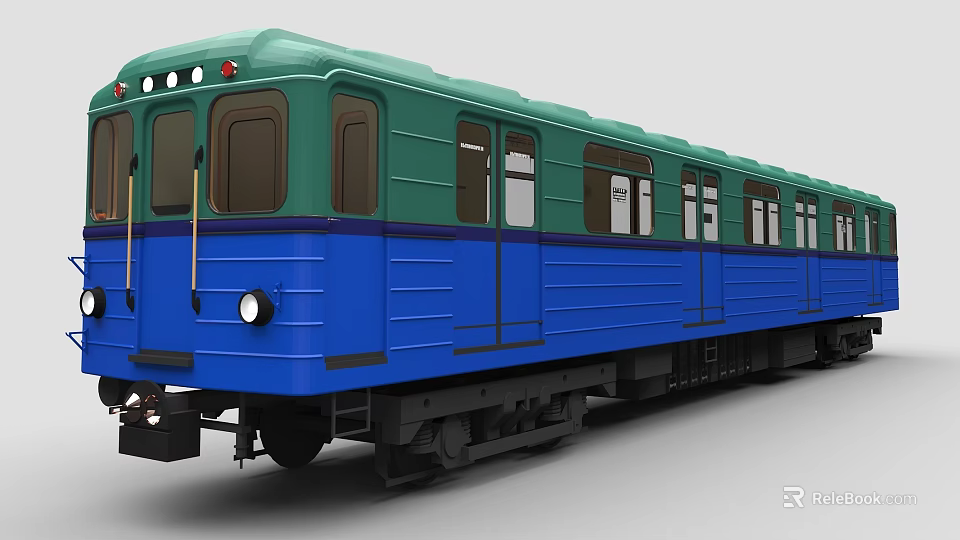 Vintage Turquoise and Blue Train with Multiple Windows Headlights and Red Warning Lights 3d model