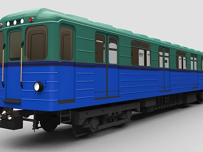 Vintage Turquoise and Blue Train with Multiple Windows Headlights and Red Warning Lights 3d model