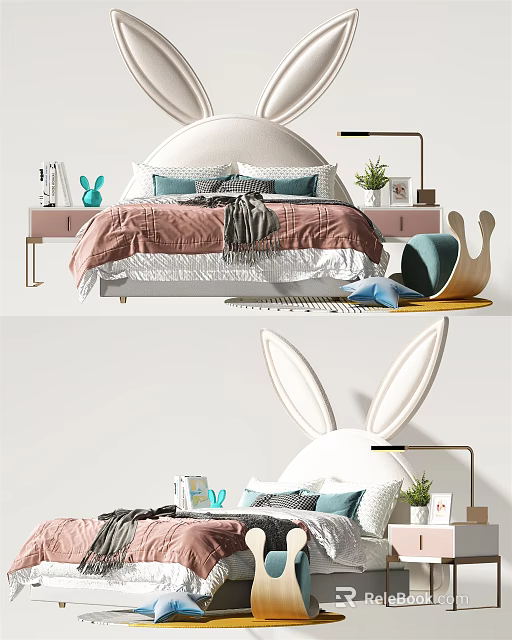 Kids Bed with Bunny Ears Headboard Soft Pillows Cozy Blanket Side Table Potted Plant Toys 3d model 