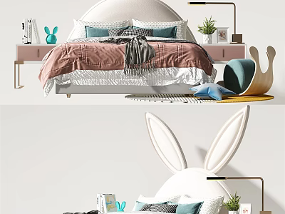Kids Bed with Bunny Ears Headboard Soft Pillows Cozy Blanket Side Table Potted Plant Toys 3d model