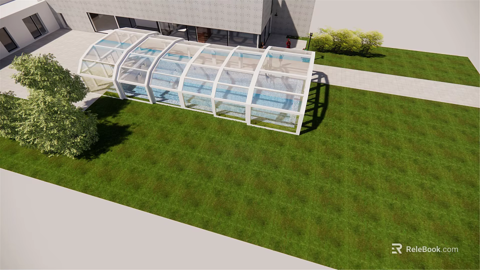 Modern Transparent Glass Canopy Structure Connecting Building With Green Lawn And Shrubs 3d model 
