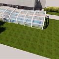 Modern Transparent Glass Canopy Structure Connecting Building With Green Lawn And Shrubs