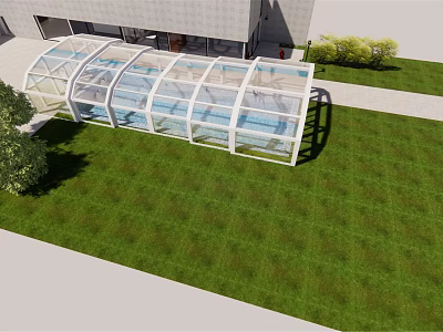 Modern Transparent Glass Canopy Structure Connecting Building With Green Lawn And Shrubs 3d model