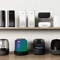 Modern Stylish Headphones And Speakers With Multiple Colors On Shelf