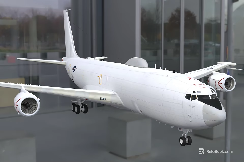White Airliner with Wing Mounted Engines and Fuselage Logo Parked at Glass Walled Building 3d model 