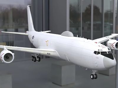 White Airliner with Wing Mounted Engines and Fuselage Logo Parked at Glass Walled Building 3d model