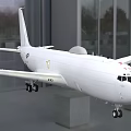 White Airliner with Wing Mounted Engines and Fuselage Logo Parked at Glass Walled Building
