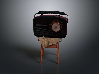 Vintage Retro Radio Electronic Appliance With Black Red Design On Wooden Stool 3d model